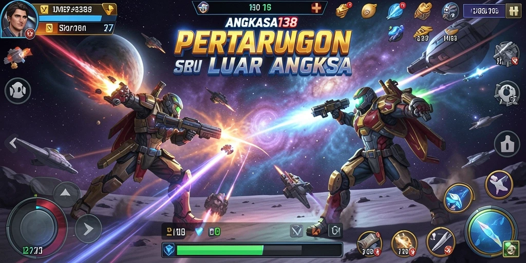 Screenshot menampilkan aksi seru dalam ANGKASA138 dengan pertempuran luar angkasa yang dinamis.