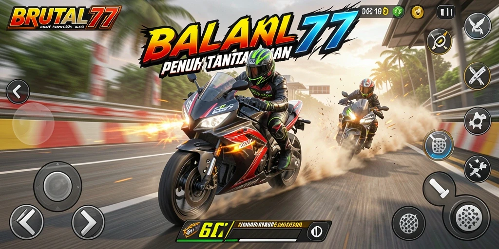 Tampilan seru dari gameplay BRUTAL77 dengan balapan motor yang mendebarkan.