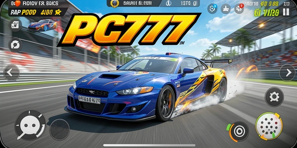 Tangkapan layar dari gameplay seru di PC777 dengan mobil balap berkecepatan tinggi.