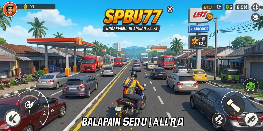 Tangkapan layar gameplay SPBU77 menampilkan aksi balapan yang seru dan mendebarkan.