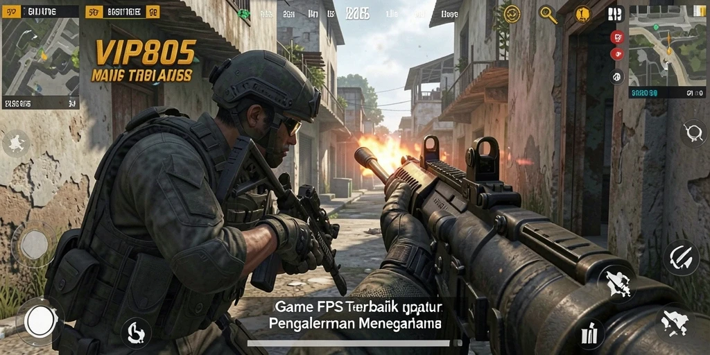 Screenshot utama VIP805 menunjukkan pertempuran intens dalam mode FPS.